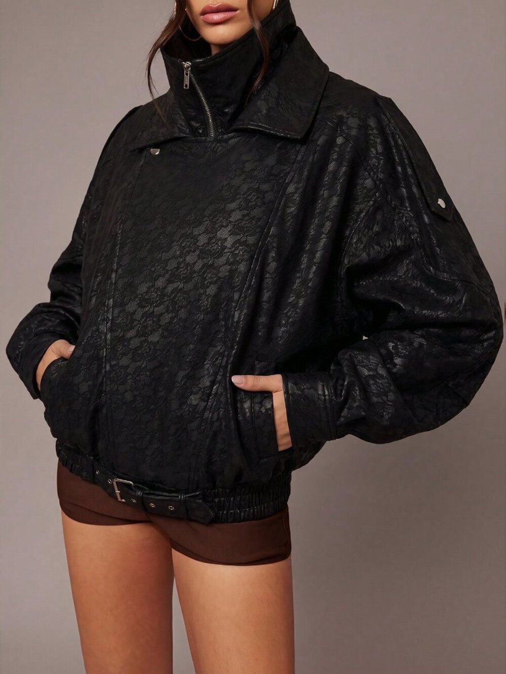 Brown Casual Women's Plants Fuzzy Lined Zip-Up Jacket - Picture 6 of 8